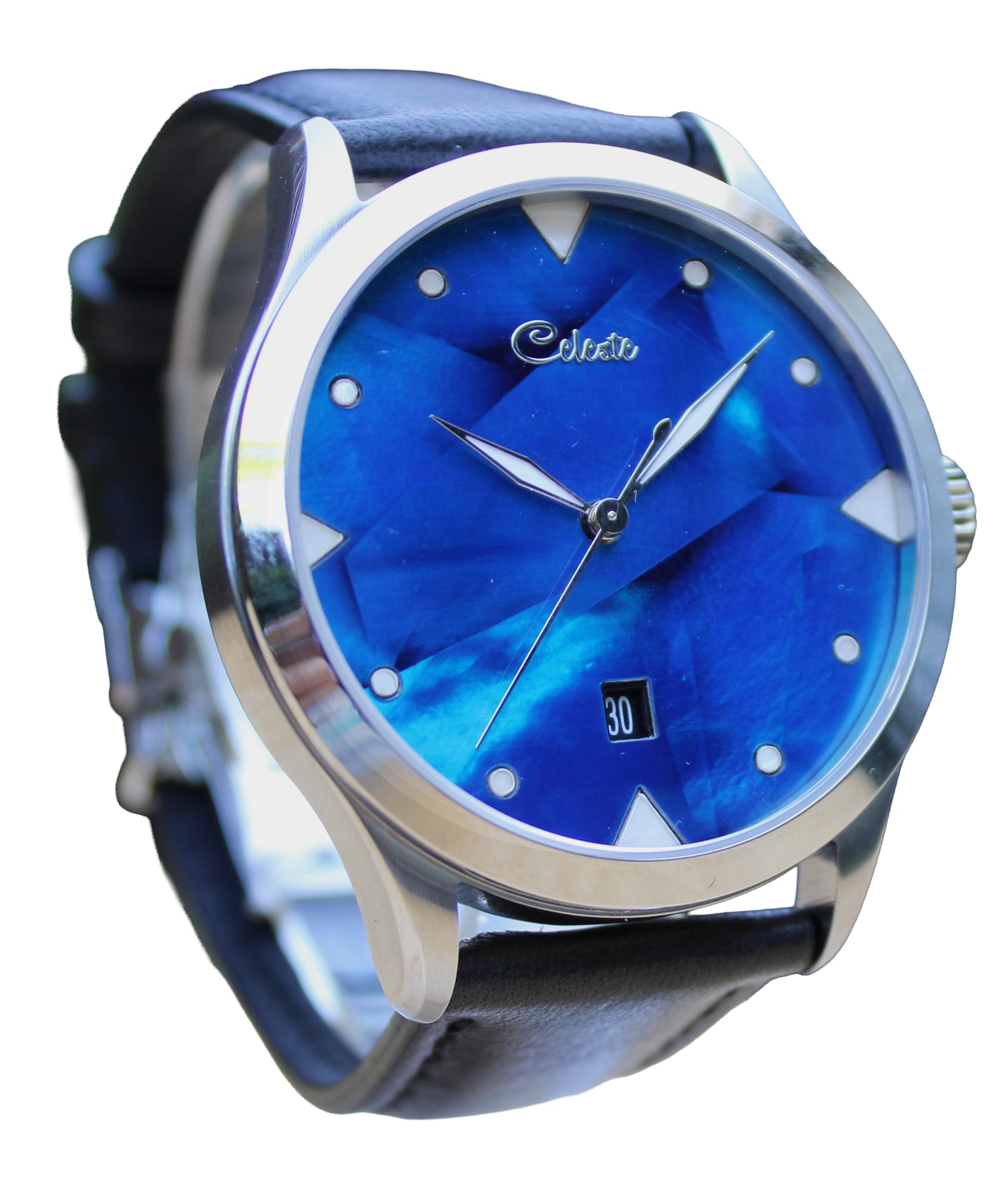 Wristwatch with cobalt blue face and black strap facing to the right on a white background