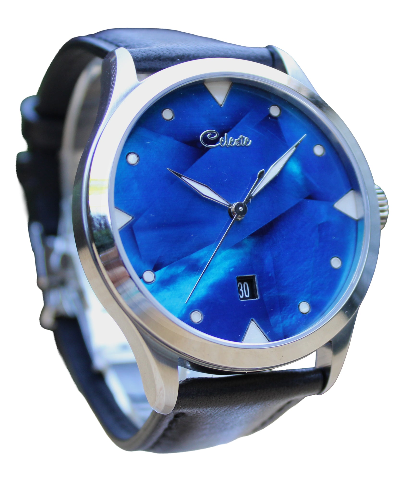 Wristwatch with cobalt blue face and black strap facing to the right on a white background