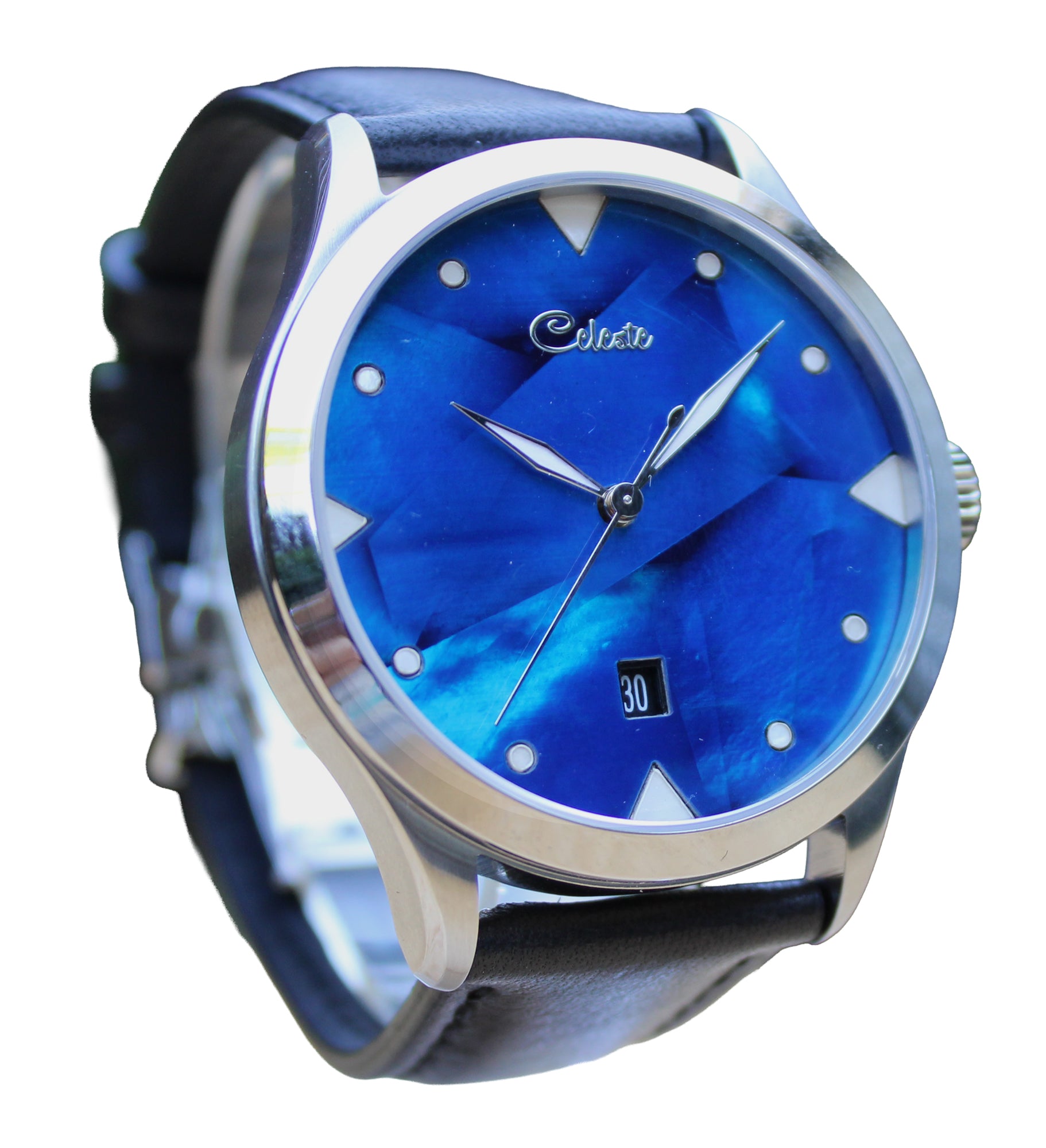 Wristwatch with cobalt blue face and black strap facing to the right on a white background