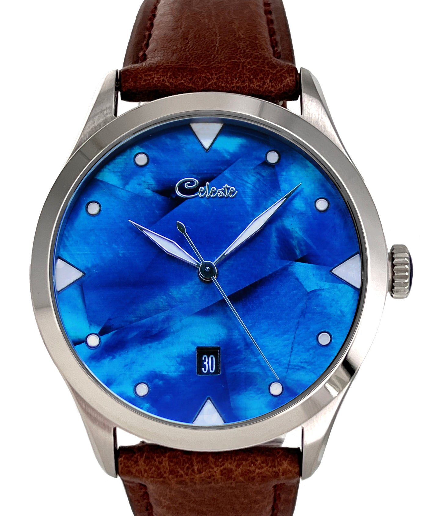 Watch with blue face and brown leather strap on white background