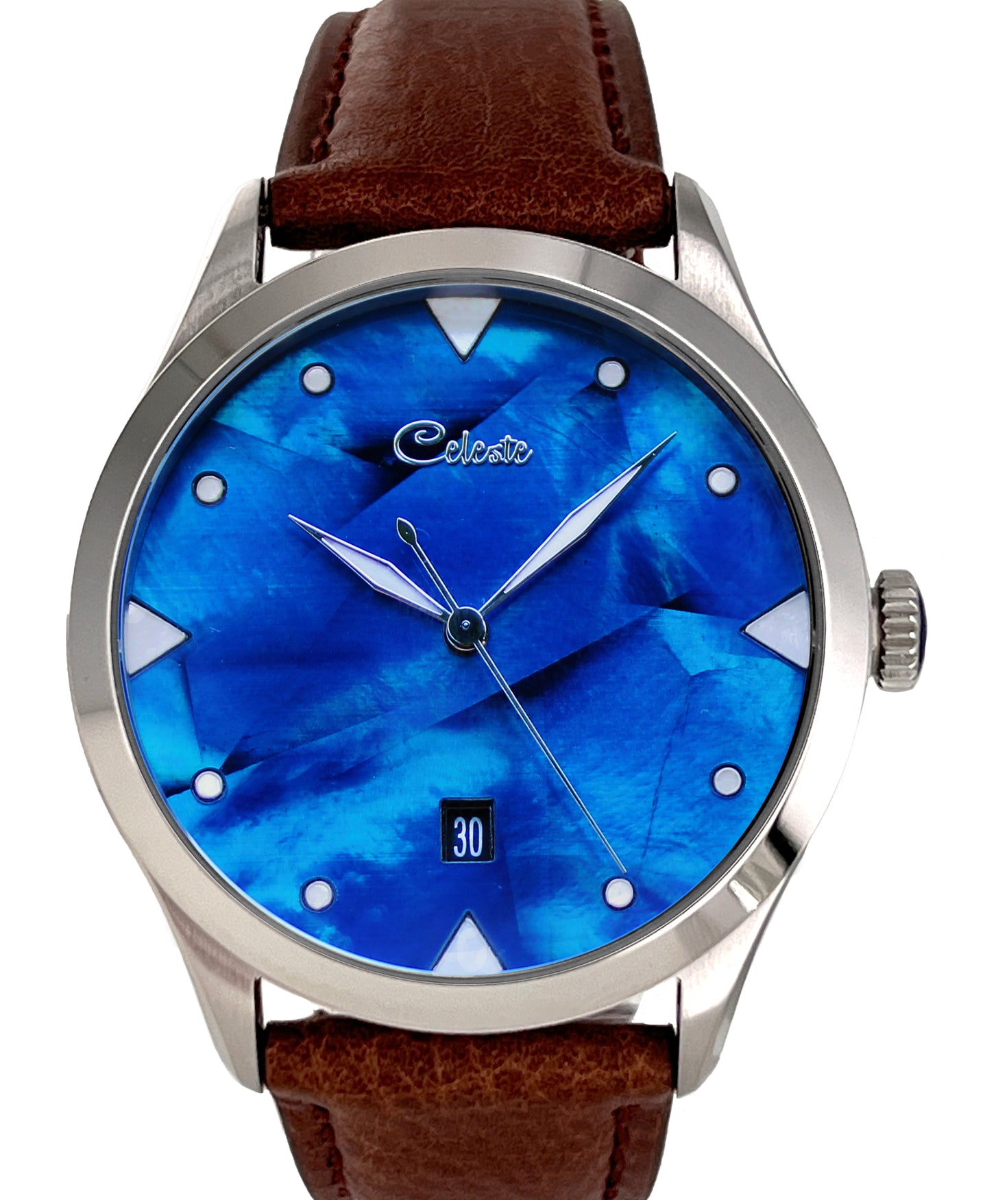 Watch with blue face and brown leather strap on white background