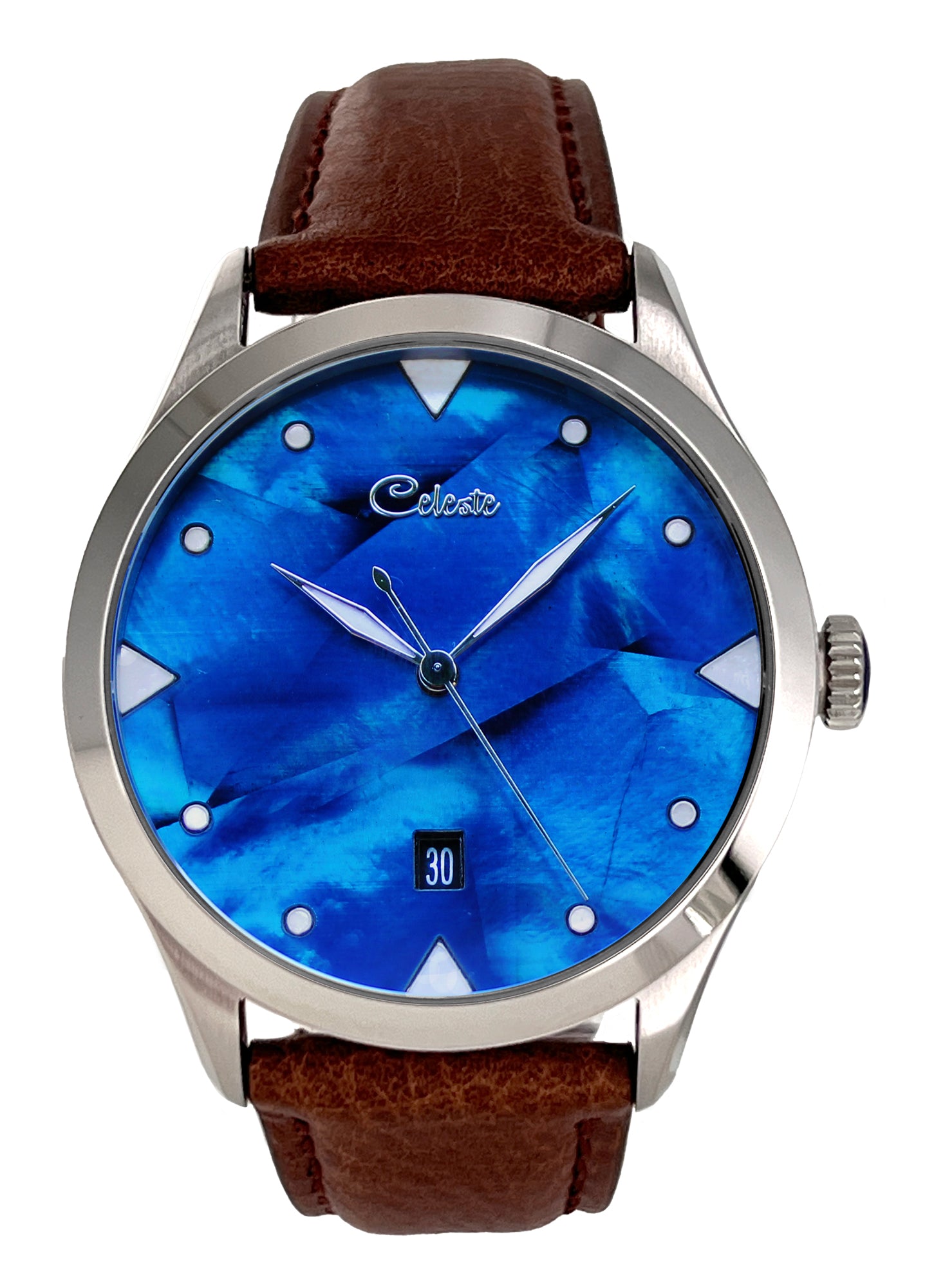 Watch with blue face and brown leather strap on white background