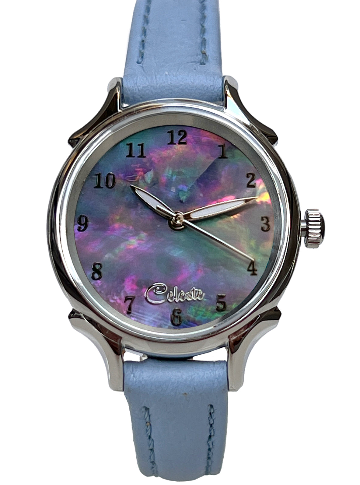 30mm Agoya abalone women's watch dial with a baby blue vegetable tanned leather band.