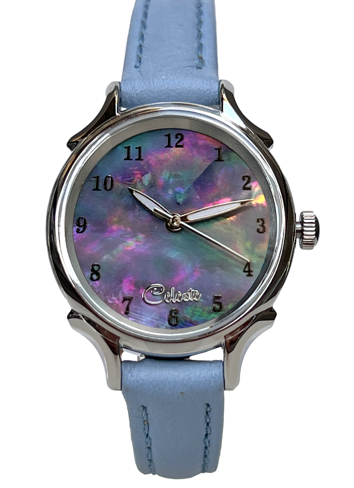 30mm Agoya abalone women's watch dial with a baby blue vegetable tanned leather band.