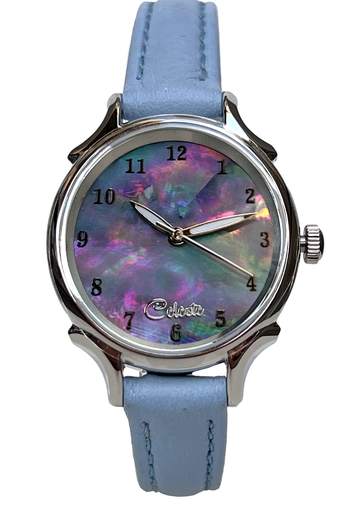 30mm Agoya abalone women's watch dial with a baby blue vegetable tanned leather band.