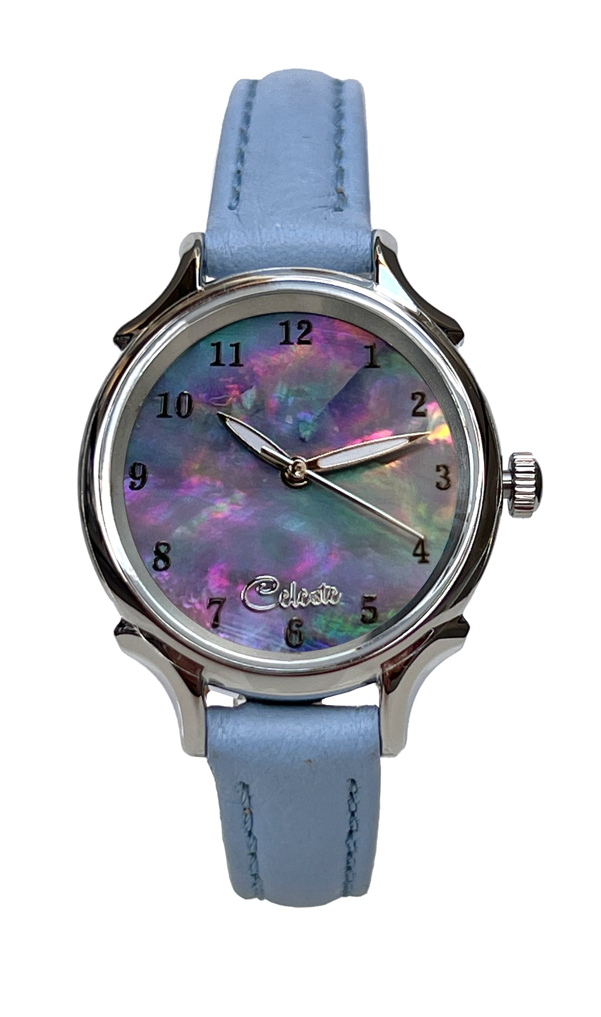 30mm Agoya abalone women's watch dial with a baby blue vegetable tanned leather band.