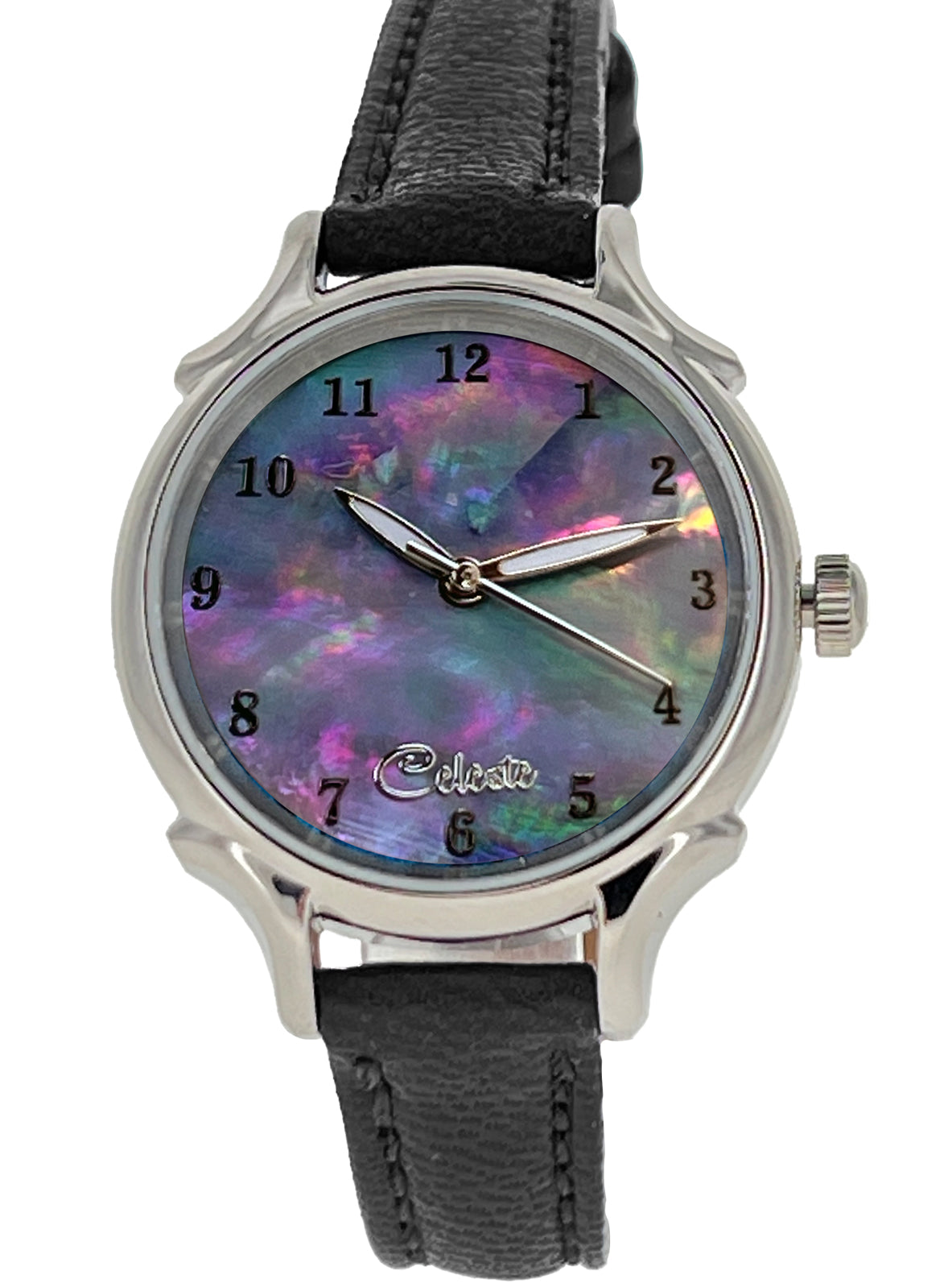 30mm Agoya abalone women's watch dial with a black vegetable tanned leather band.