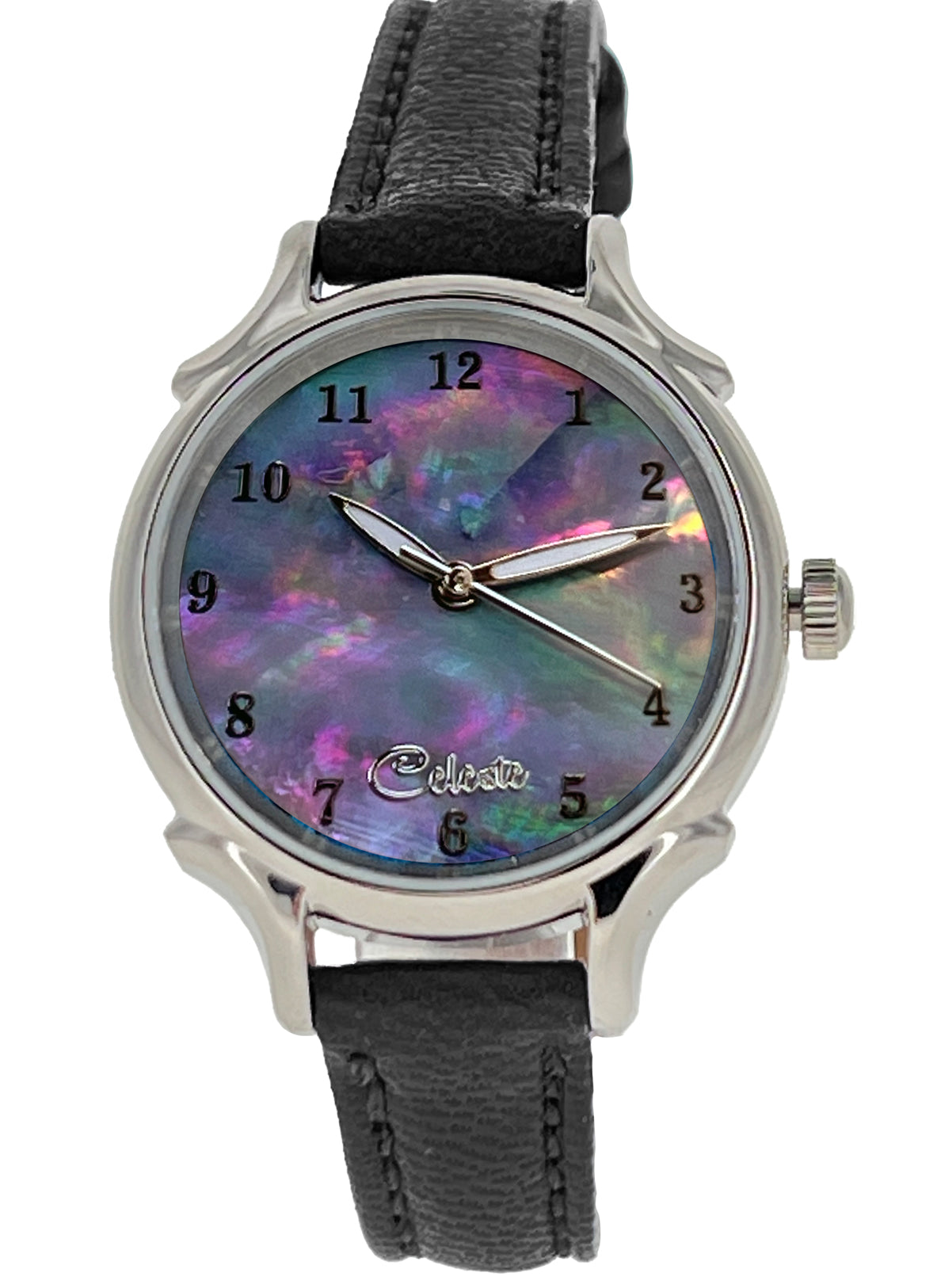 30mm Agoya abalone women's watch dial with a black vegetable tanned leather band.