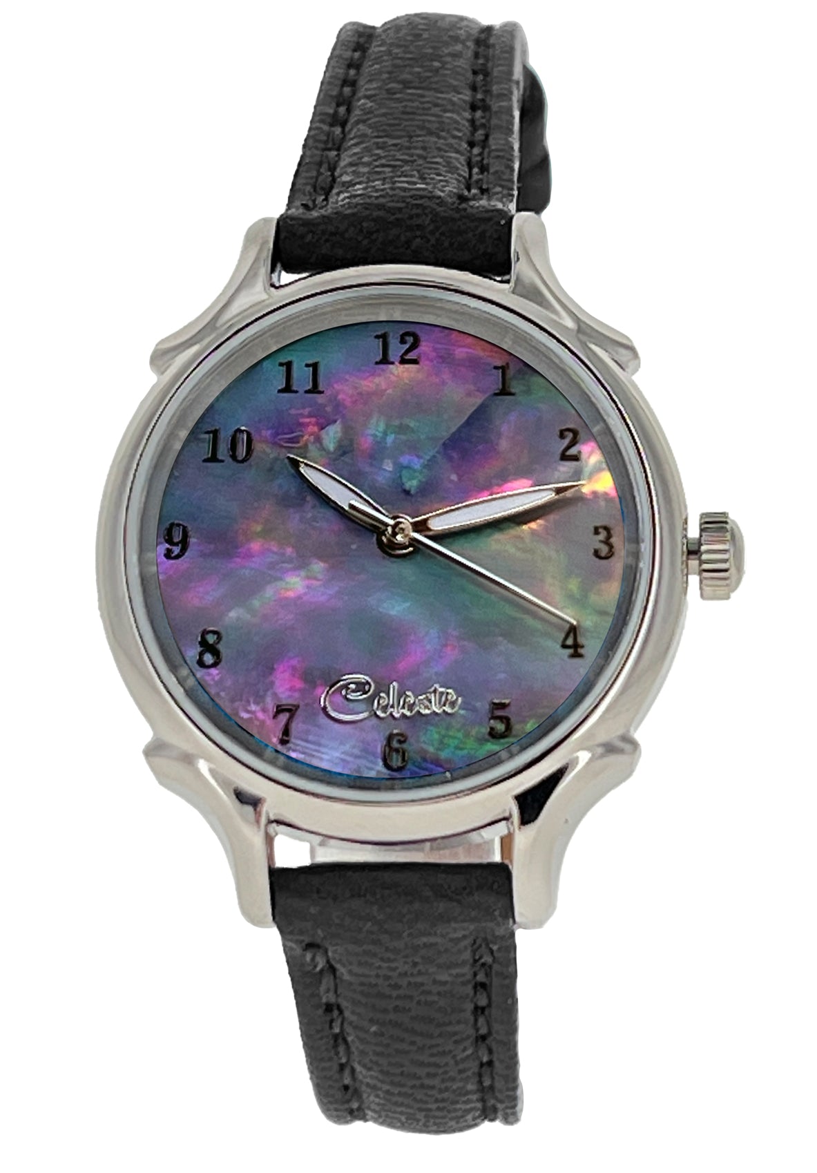 30mm Agoya abalone women's watch dial with a black vegetable tanned leather band.