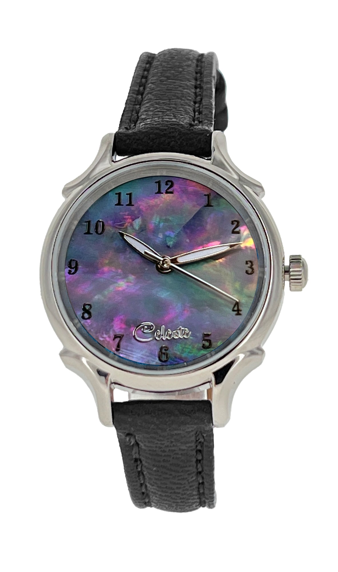 30mm Agoya abalone women's watch dial with a black vegetable tanned leather band.