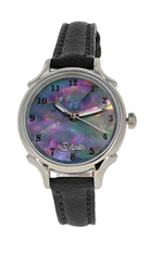 30mm Agoya abalone women's watch dial with a black vegetable tanned leather band.