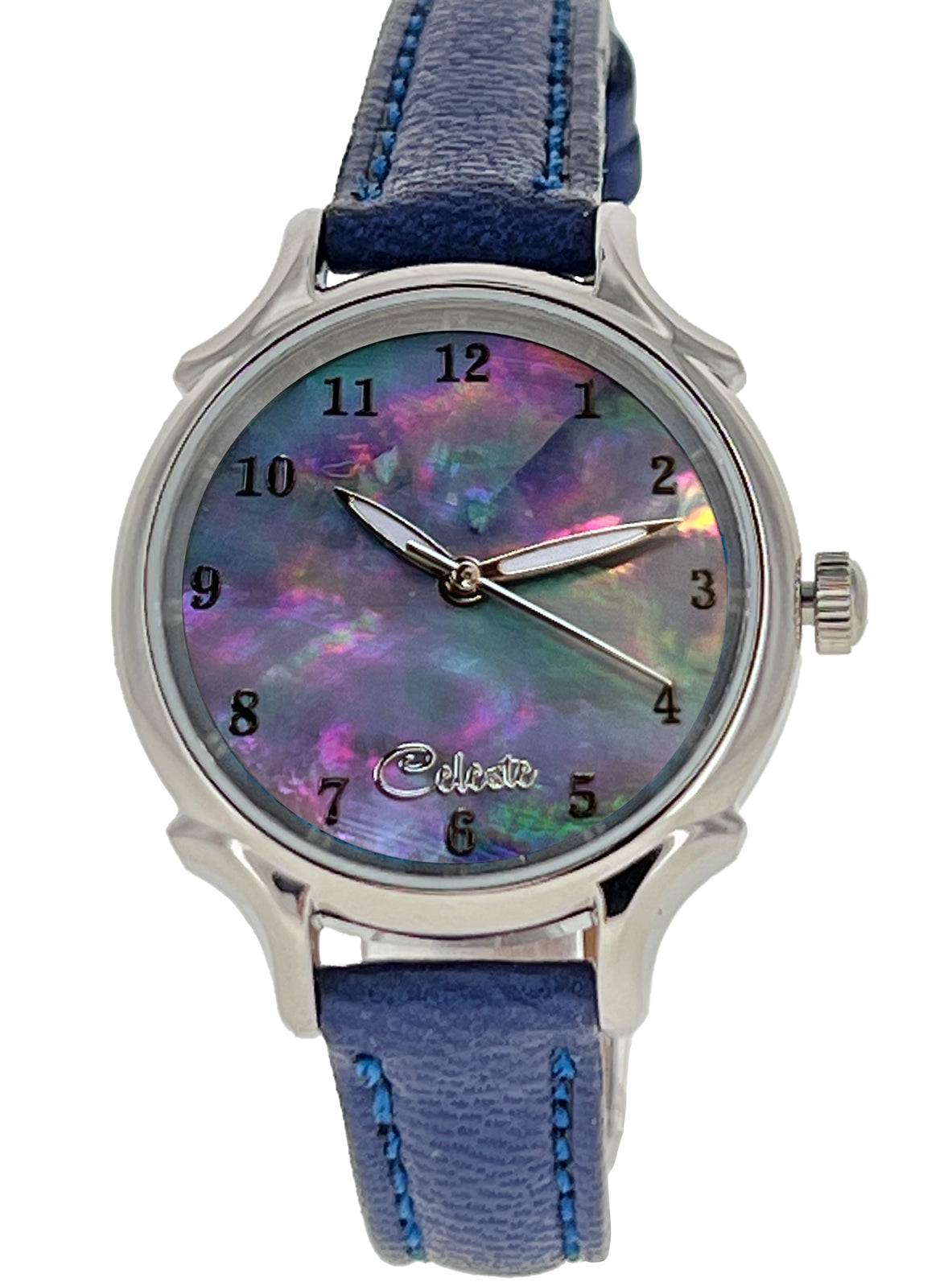 30mm Agoya abalone women's watch dial with a blue vegetable tanned leather band.
