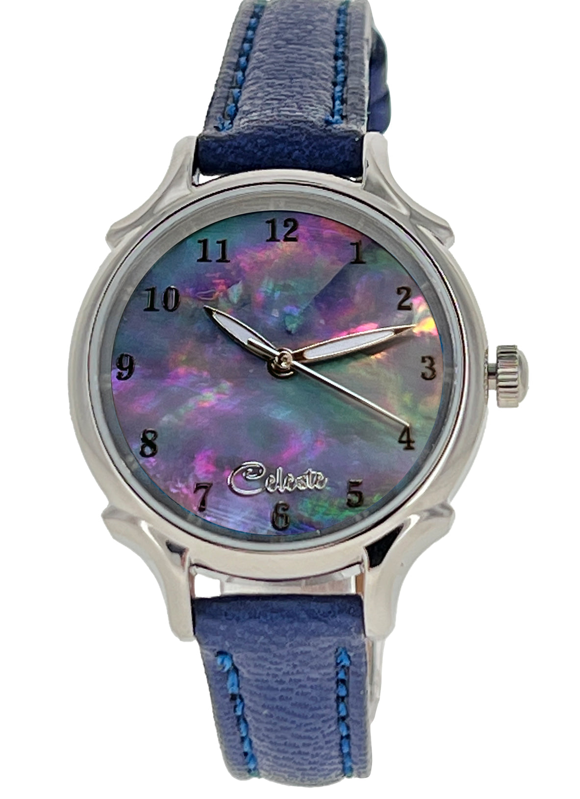 30mm Agoya abalone women's watch dial with a blue vegetable tanned leather band.