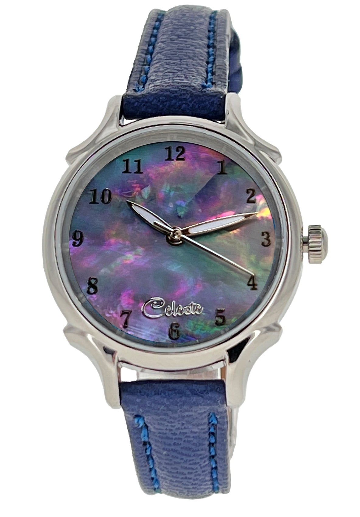 30mm Agoya abalone women's watch dial with a blue vegetable tanned leather band.