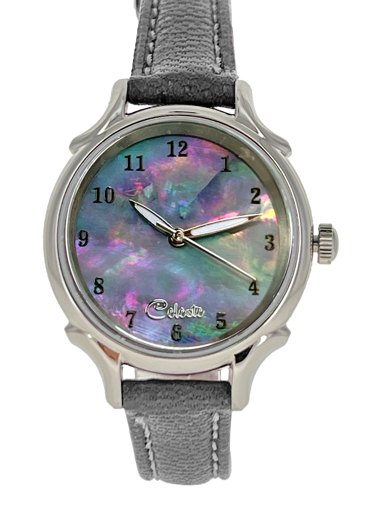 30mm Agoya abalone women's watch dial with a grey vegetable tanned leather band.