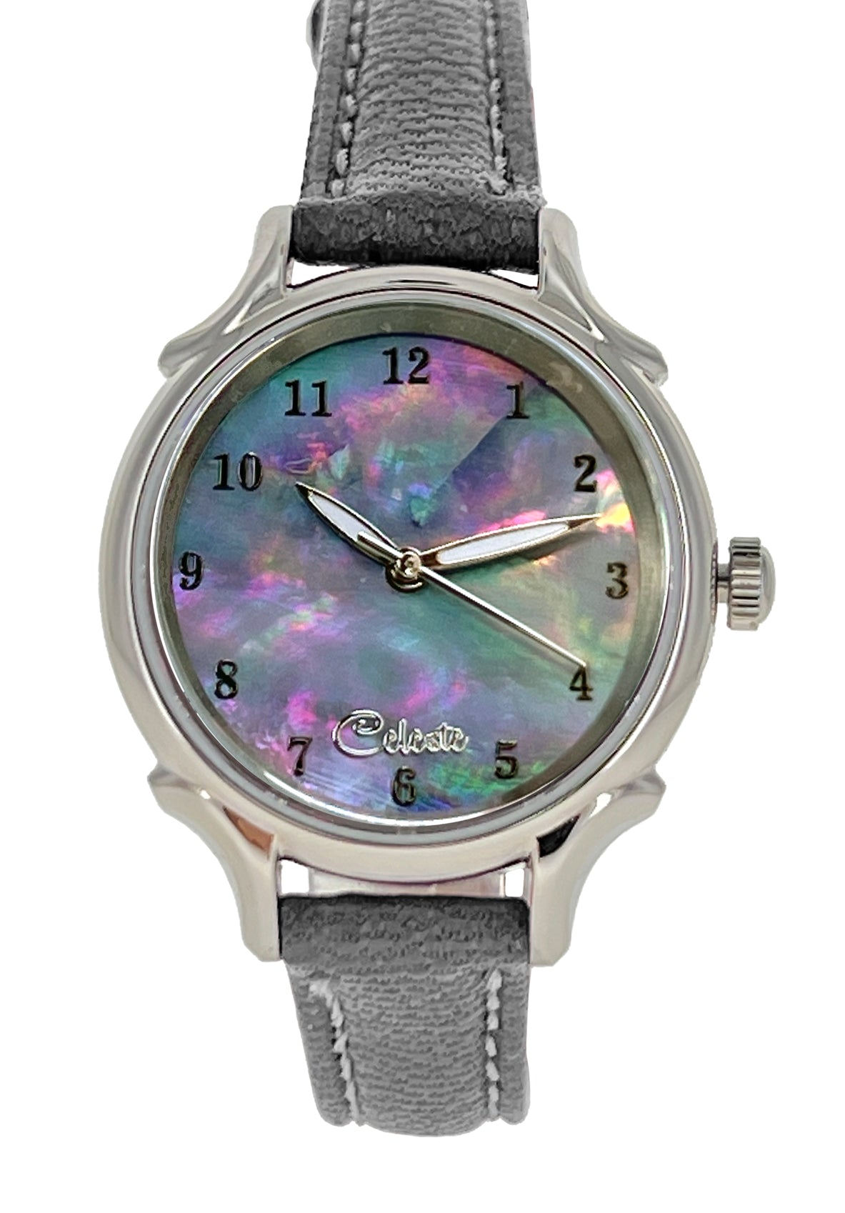 30mm Agoya abalone women's watch dial with a grey vegetable tanned leather band.