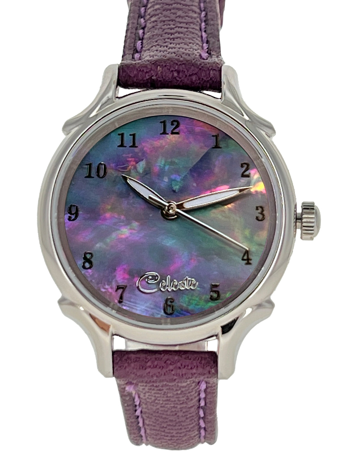 30mm Agoya abalone women's watch dial with a purple vegetable tanned leather band.
