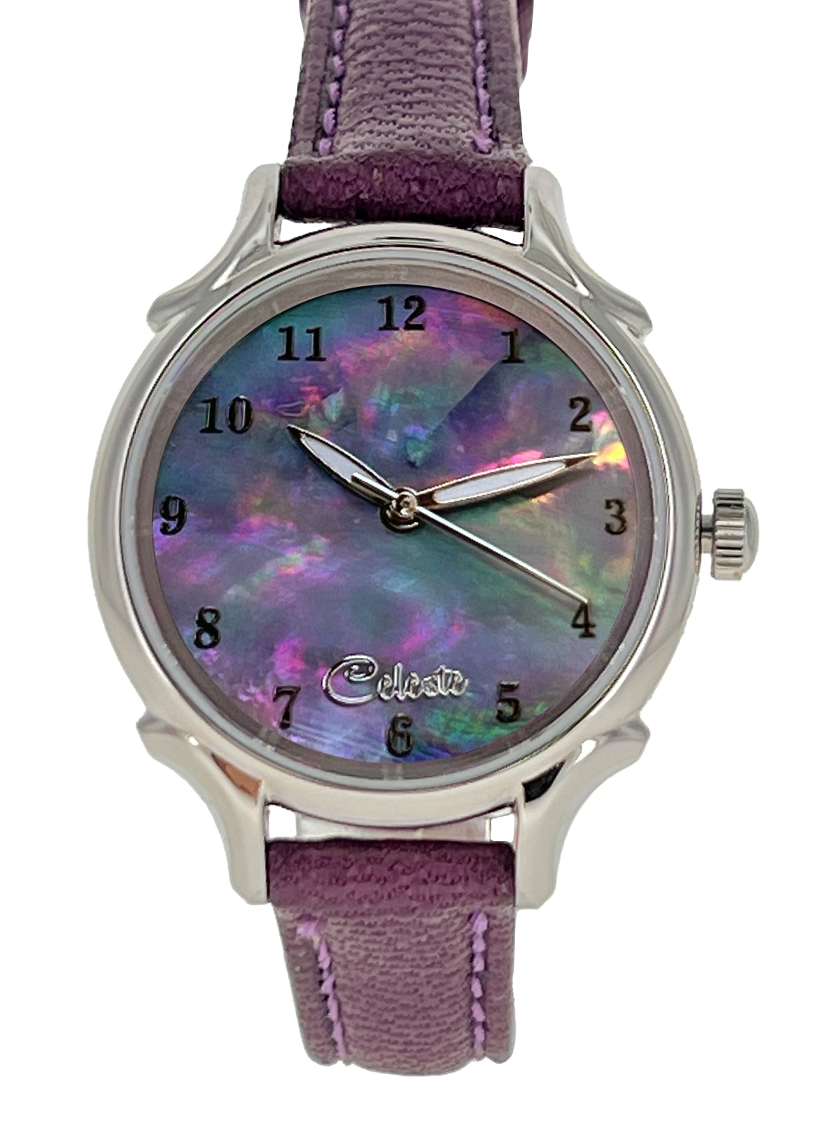 30mm Agoya abalone women's watch dial with a purple vegetable tanned leather band.