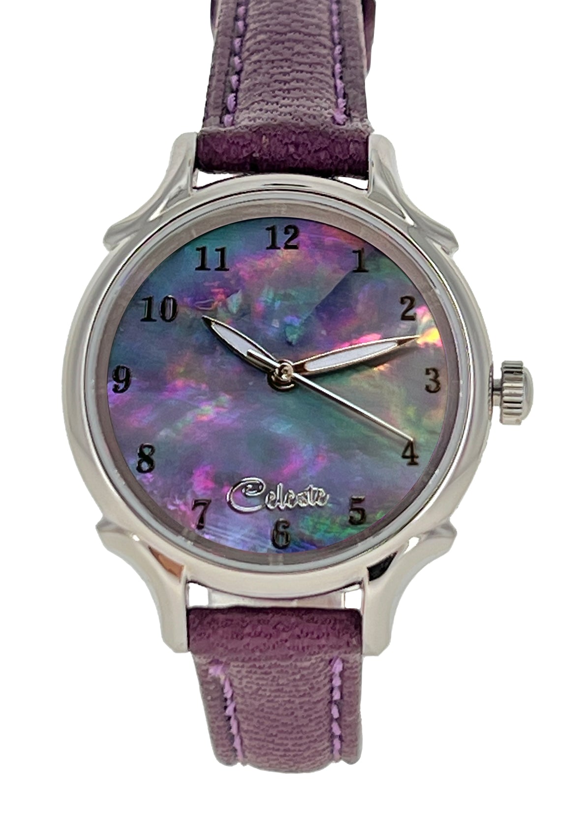 30mm Agoya abalone women's watch dial with a purple vegetable tanned leather band.