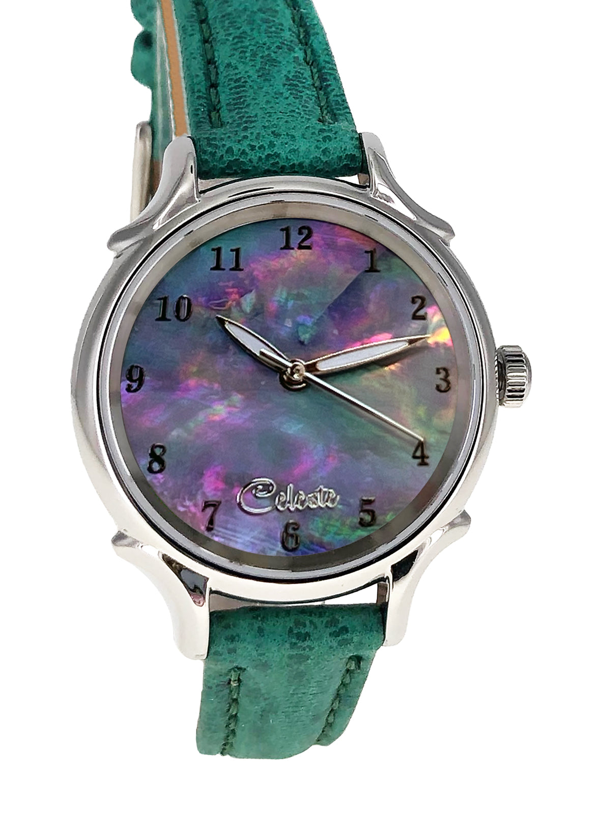 30mm Agoya abalone women's watch dial with a turquoise vegetable tanned leather band.