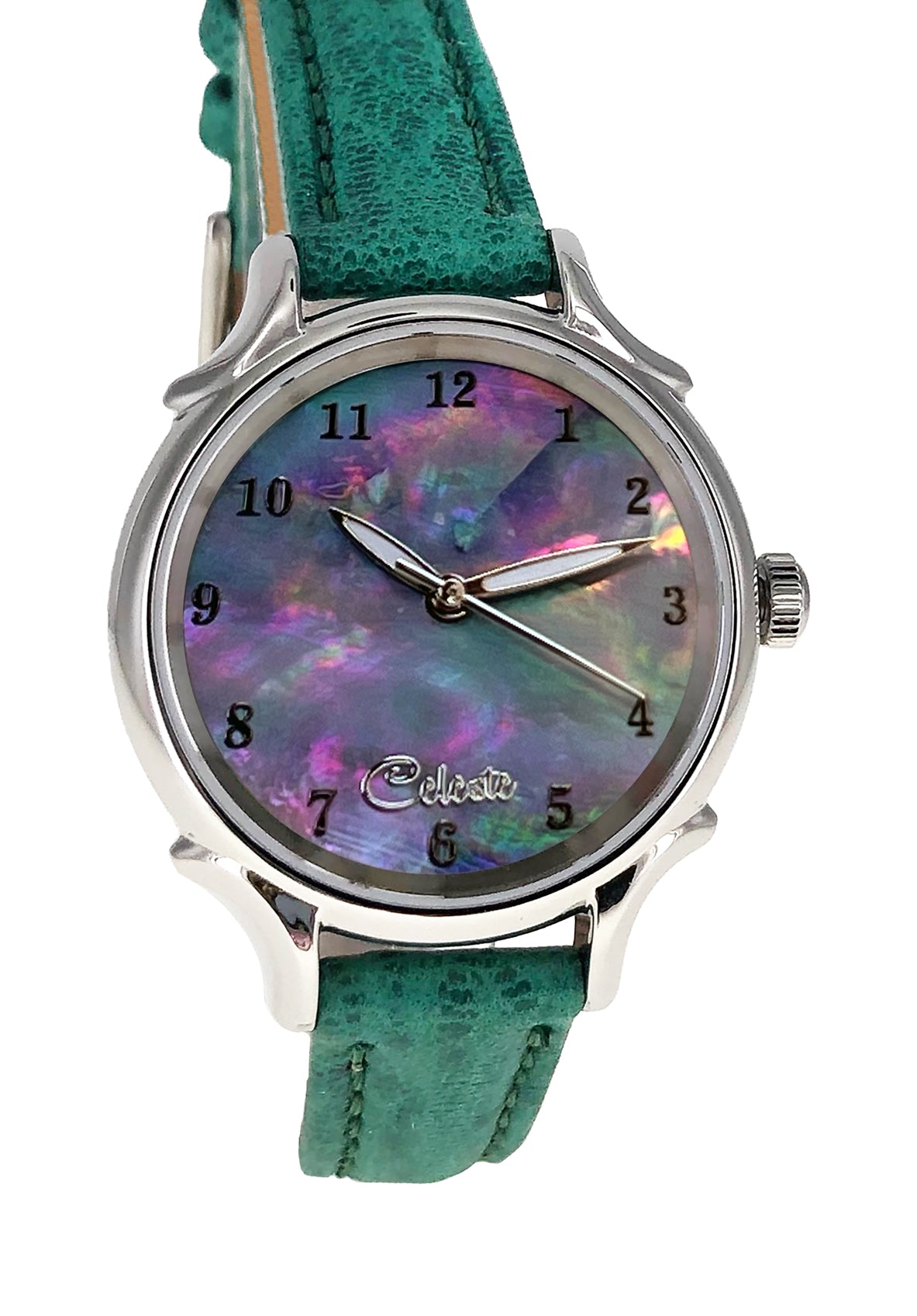 30mm Agoya abalone women's watch dial with a turquoise vegetable tanned leather band.