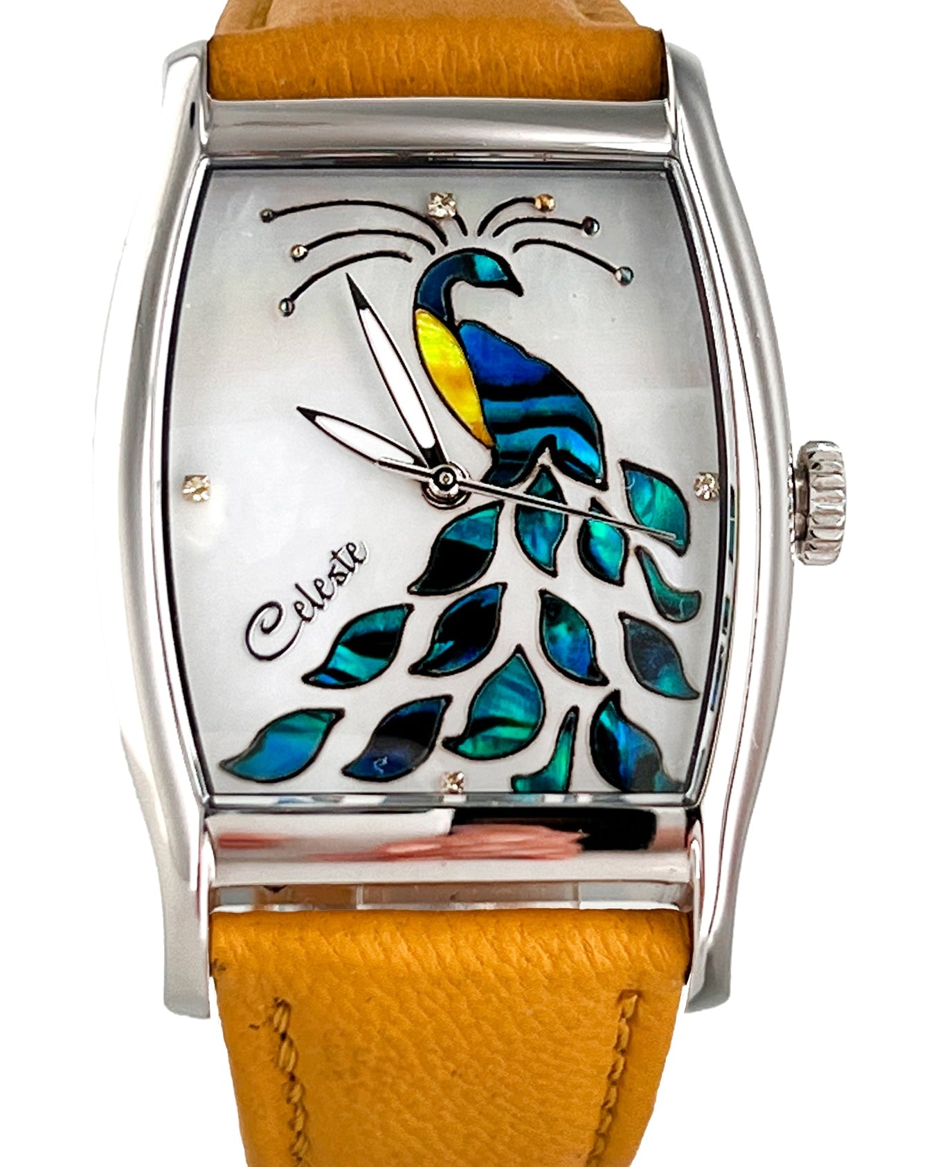 Watch with a peacock design on the face, featuring a yellow leather strap.