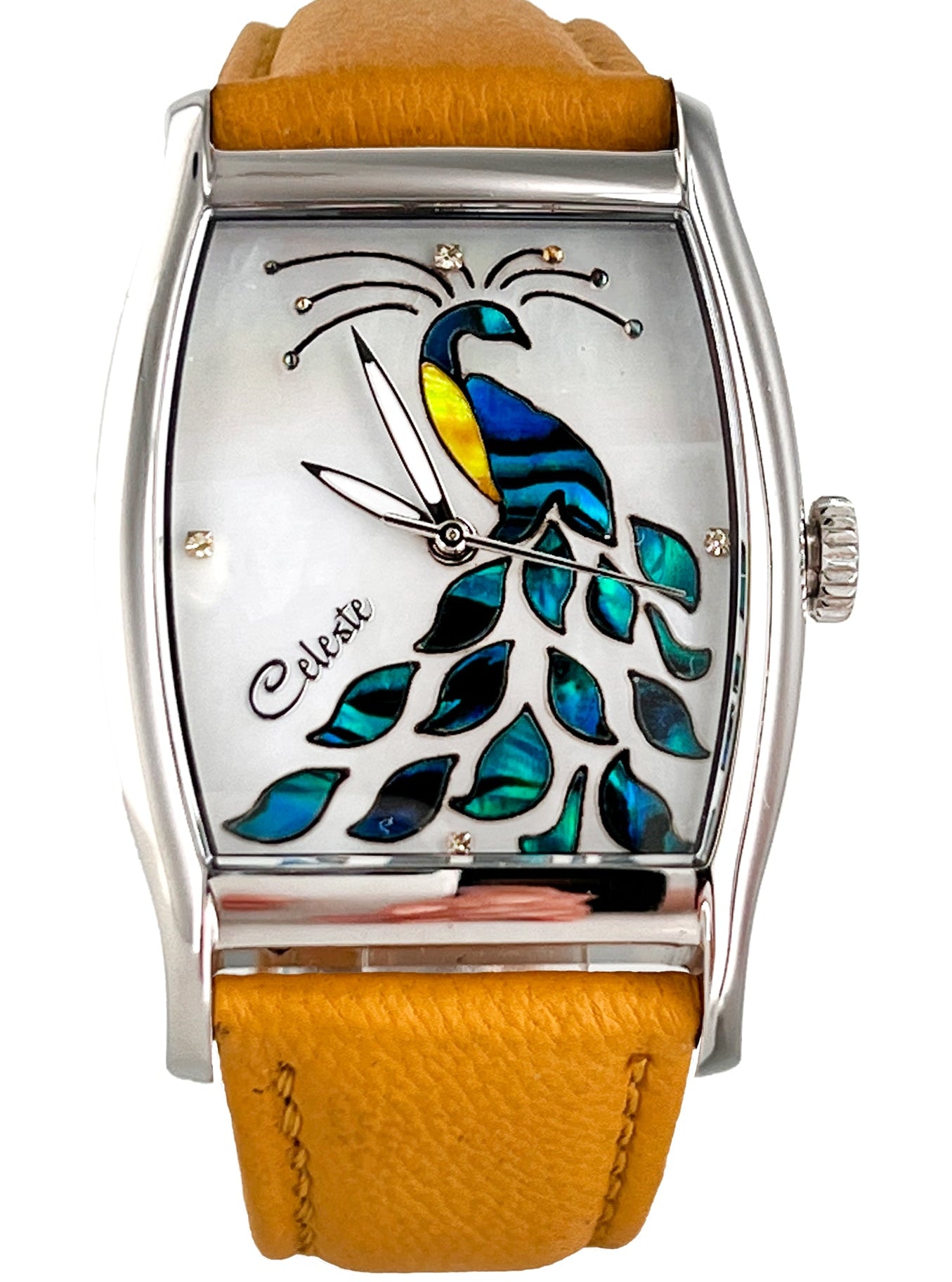 Watch with a peacock design on the face, featuring a yellow leather strap.