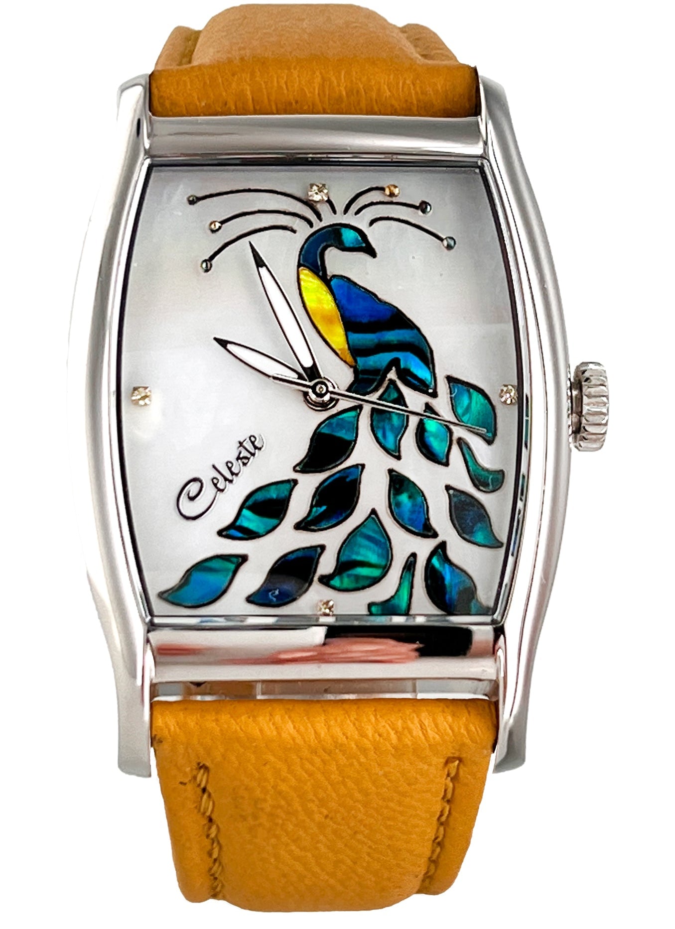 Watch with a peacock design on the face, featuring a yellow leather strap.