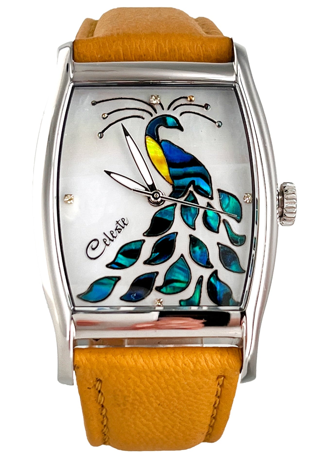 Watch with a peacock design on the face, featuring a yellow leather strap.