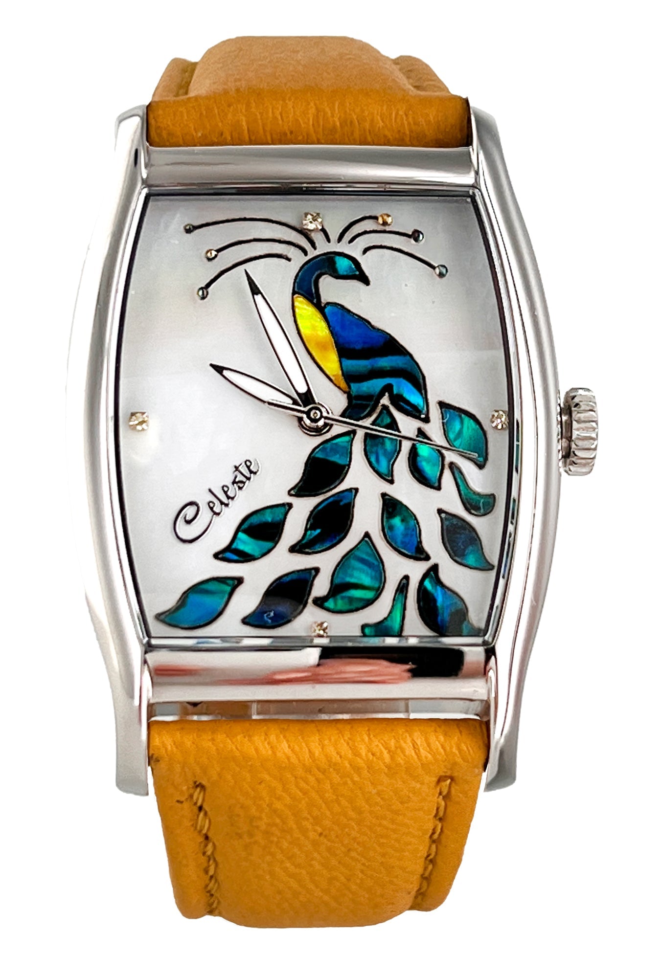 Watch with a peacock design on the face, featuring a yellow leather strap.