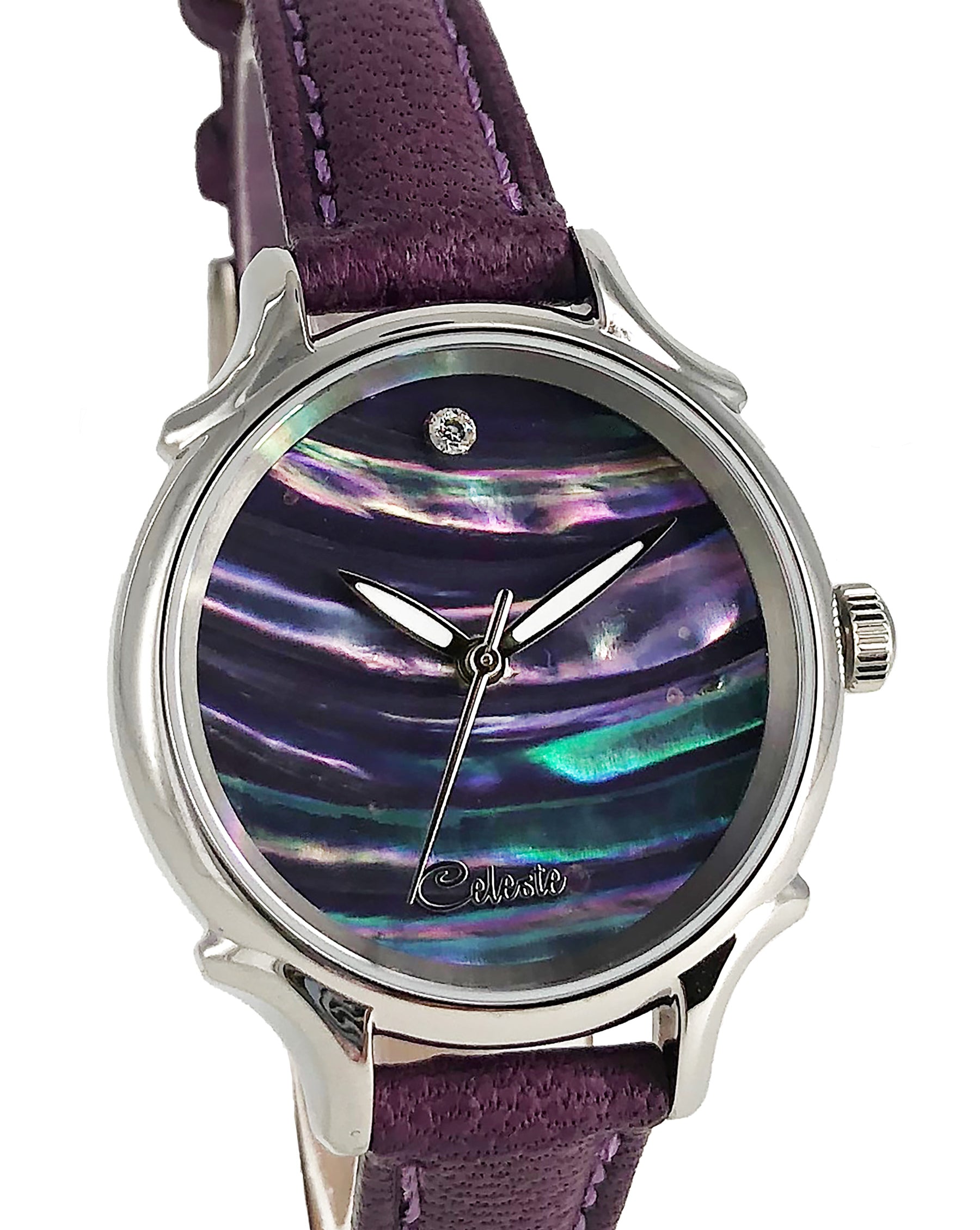 30mm Awabi abalone women's watch dial with a turquoise vegetable tanned leather band.