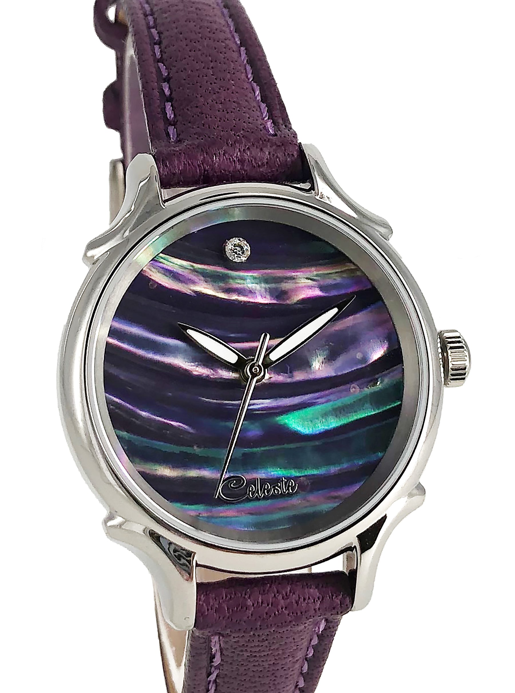 30mm Awabi abalone women's watch dial with a turquoise vegetable tanned leather band.
