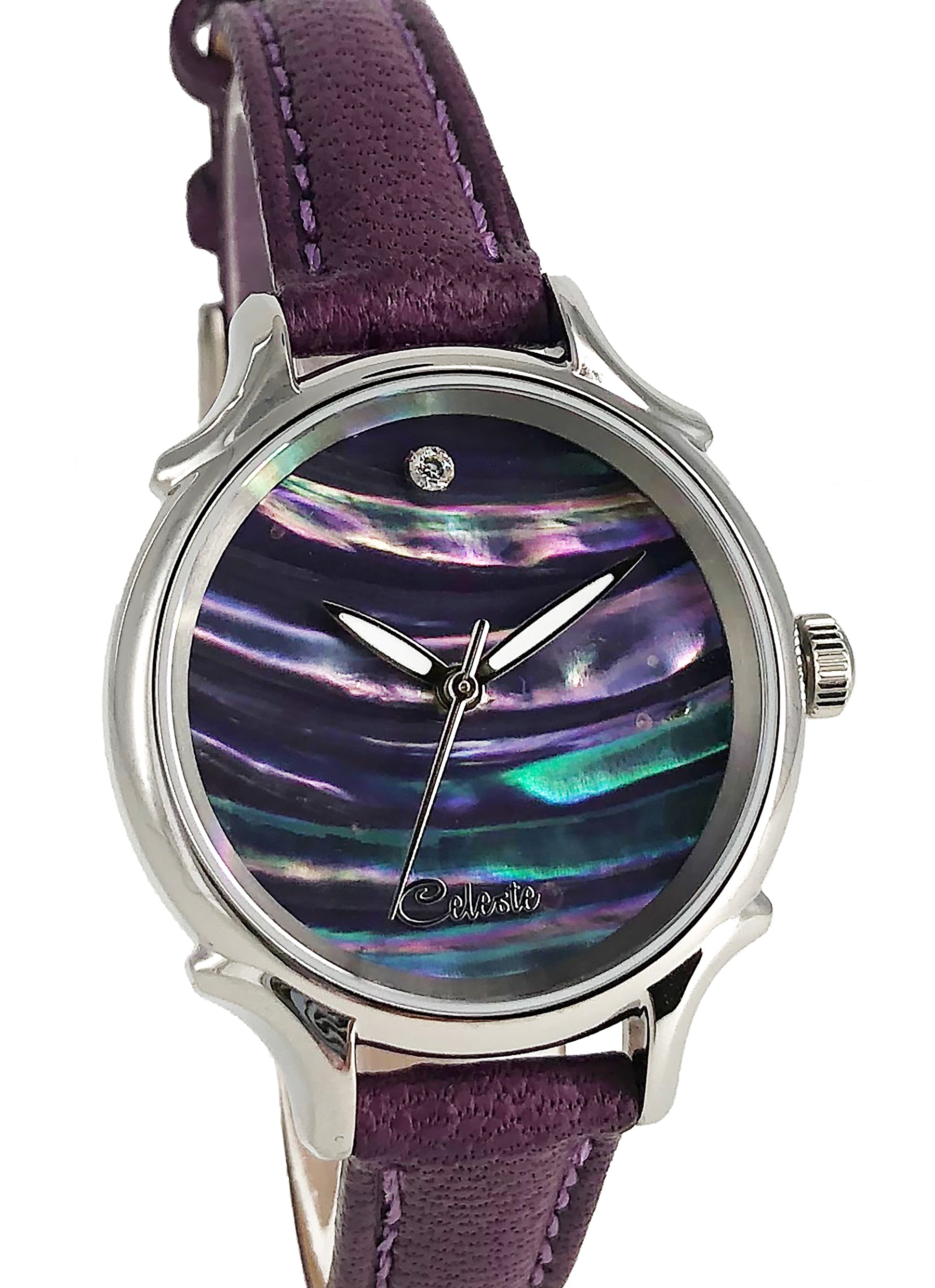 30mm Awabi abalone women's watch dial with a turquoise vegetable tanned leather band.