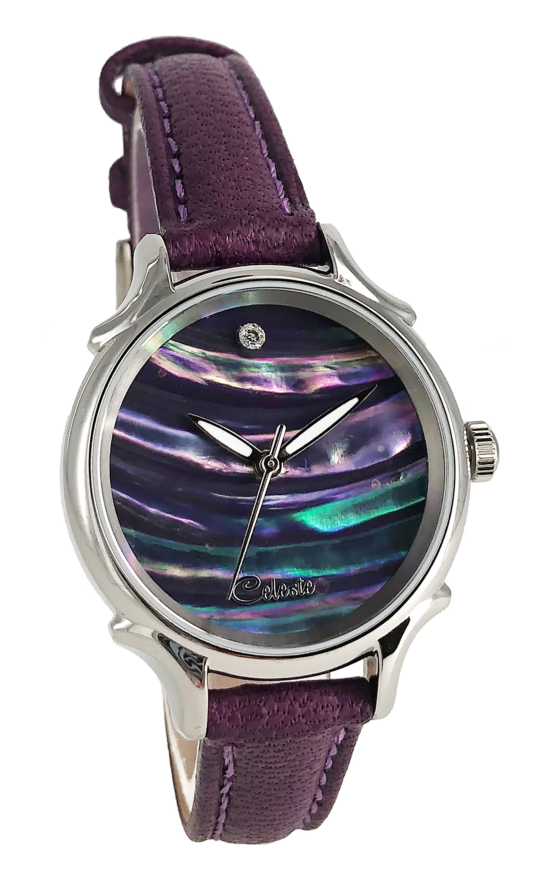 30mm Awabi abalone women's watch dial with a turquoise vegetable tanned leather band.