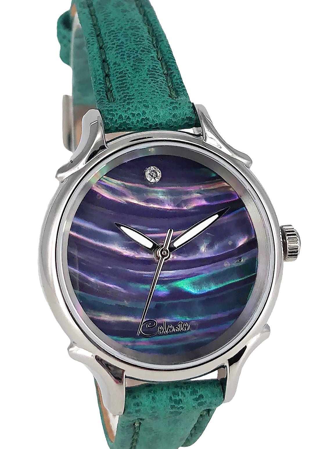 30mm Awabi abalone women's watch dial with a turquoise vegetable tanned leather band.