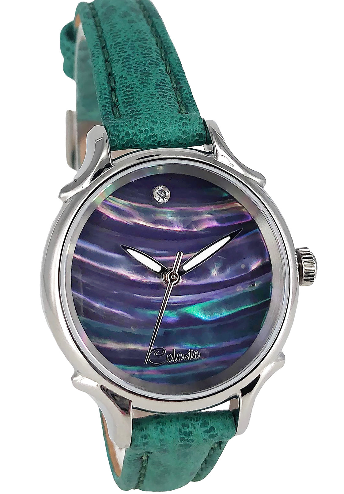 30mm Awabi abalone women's watch dial with a turquoise vegetable tanned leather band.