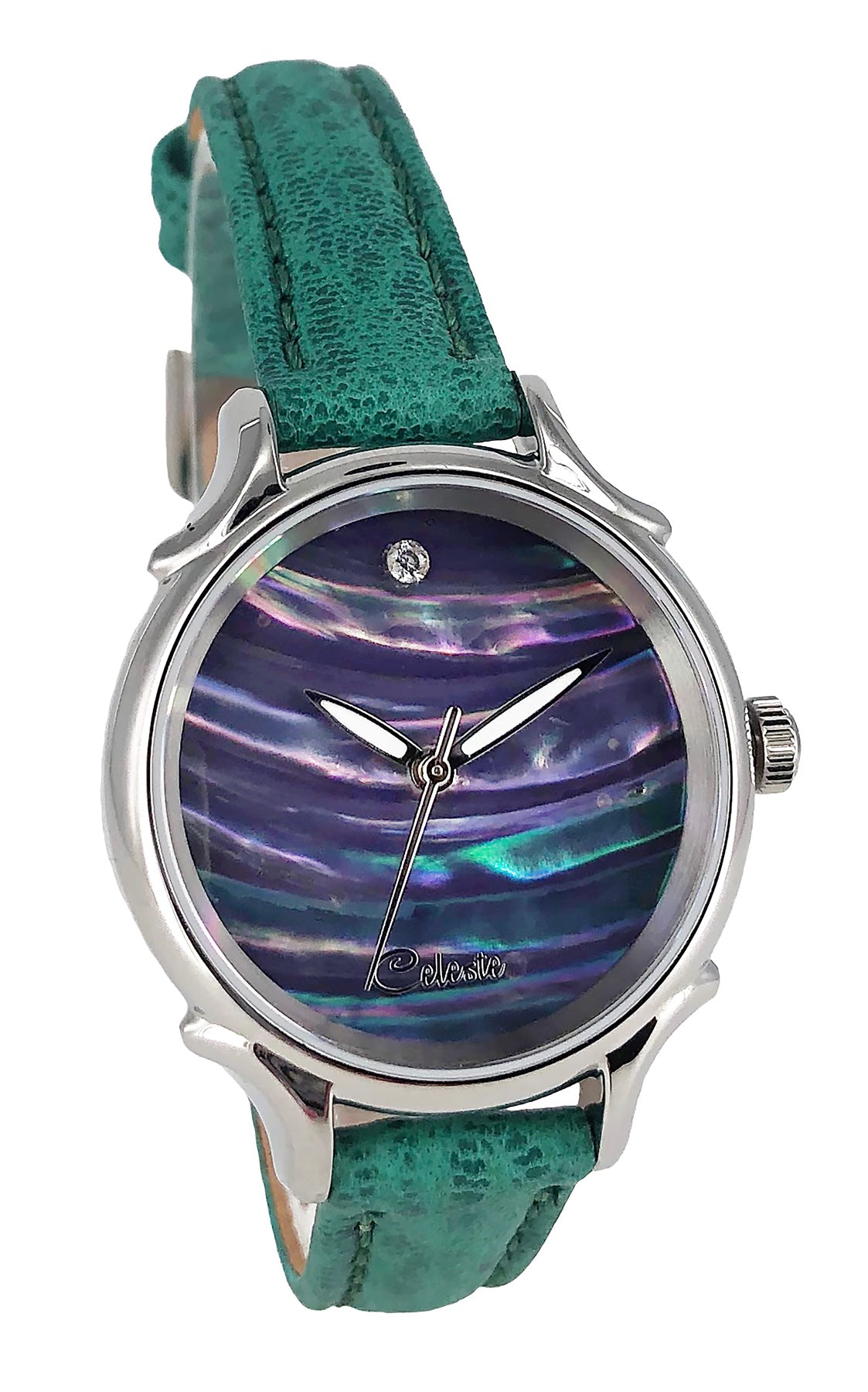 30mm Awabi abalone women's watch dial with a turquoise vegetable tanned leather band.