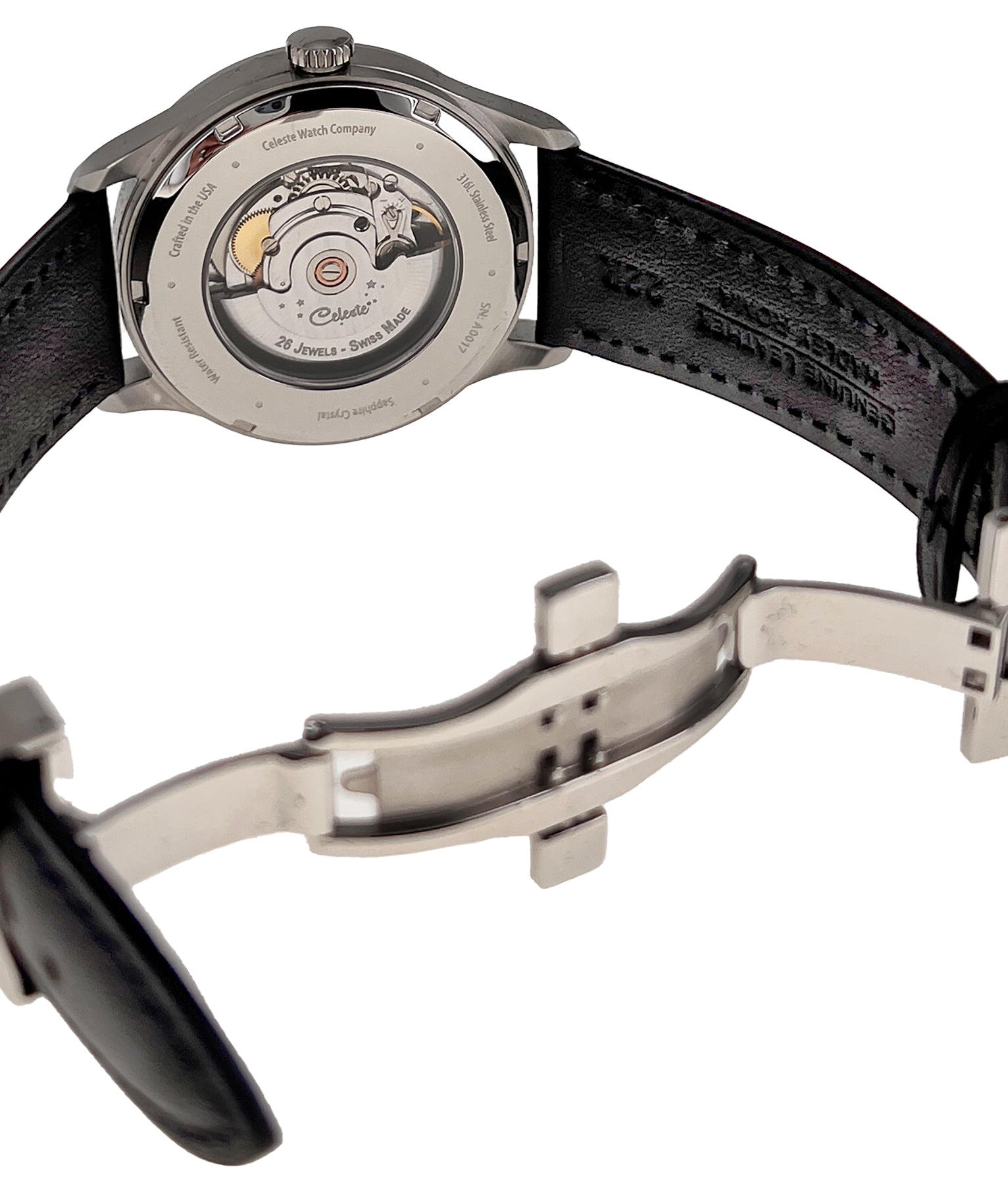 Wristwatch on white background showing exhibition case back with Celeste engraved rotor and butterfly buckle on strap