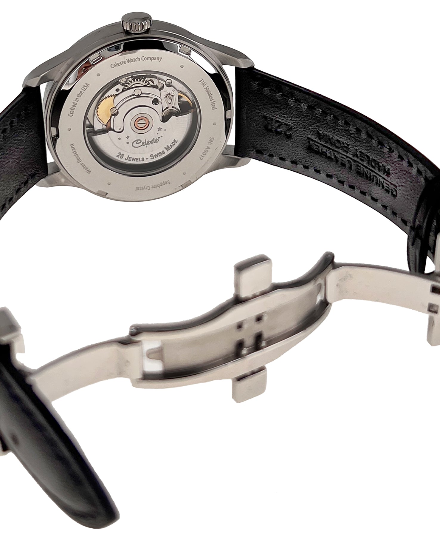 Wristwatch on white background showing exhibition case back with Celeste engraved rotor and butterfly buckle on strap