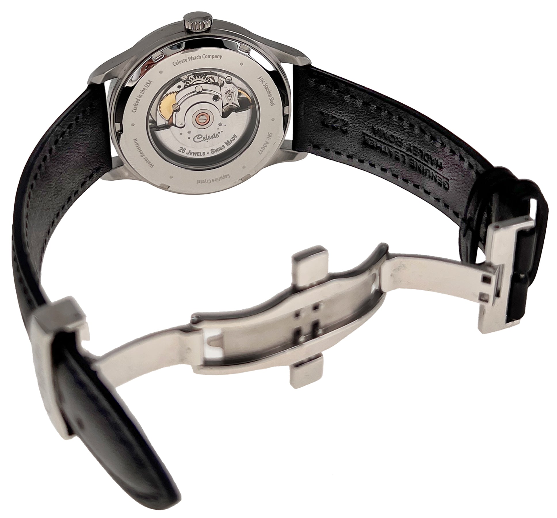 Wristwatch on white background showing exhibition case back with Celeste engraved rotor and butterfly buckle on strap
