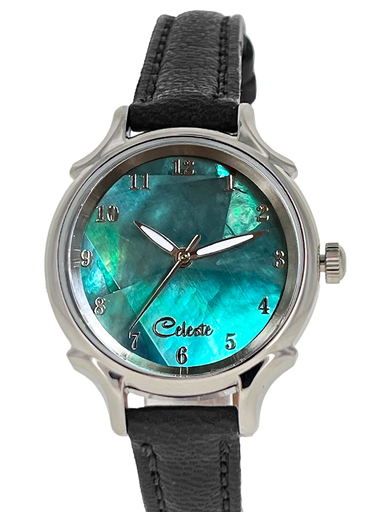 Emerald Eyes 30mm abalone dial women's watch with a black vegetable -tanned leather band.