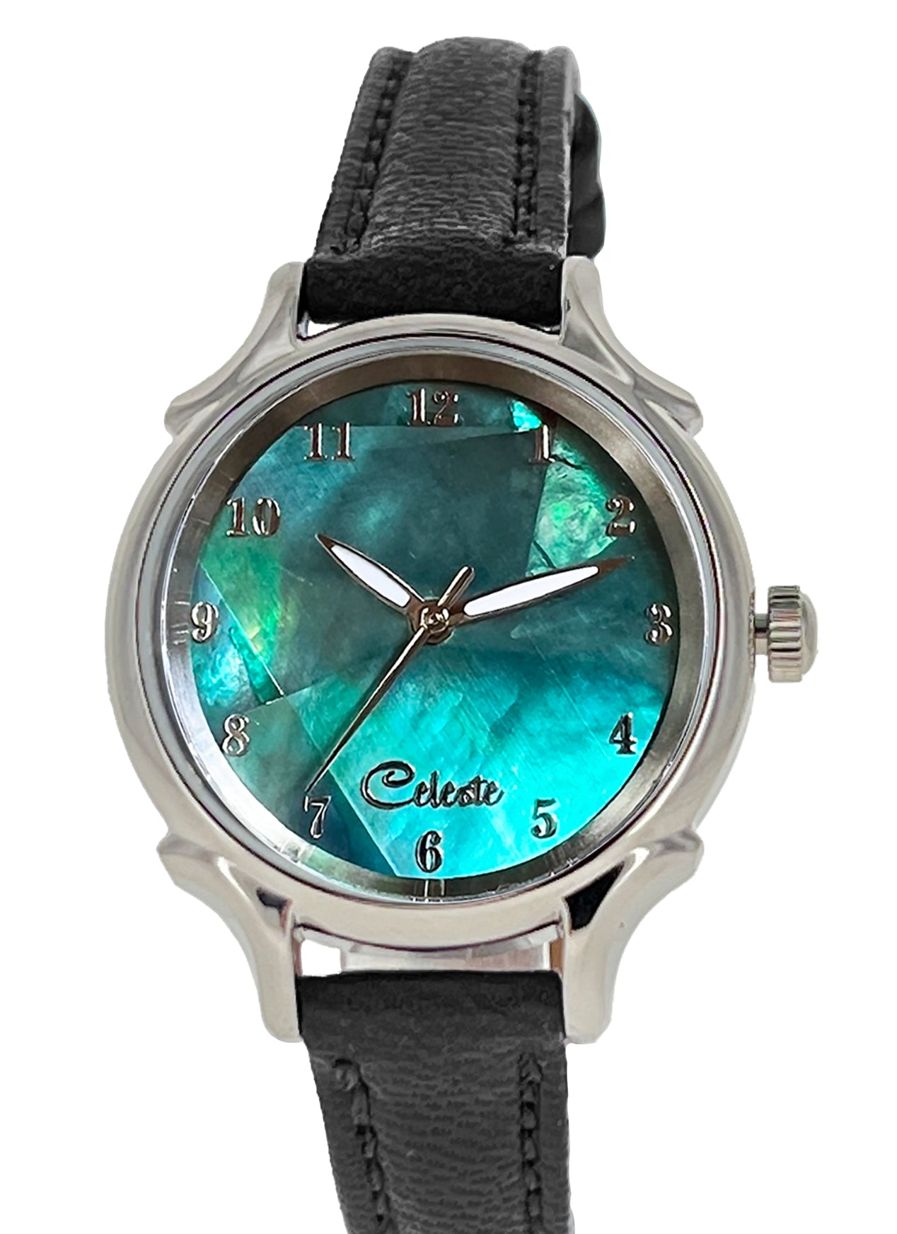 Emerald Eyes 30mm abalone dial women's watch with a black vegetable -tanned leather band.
