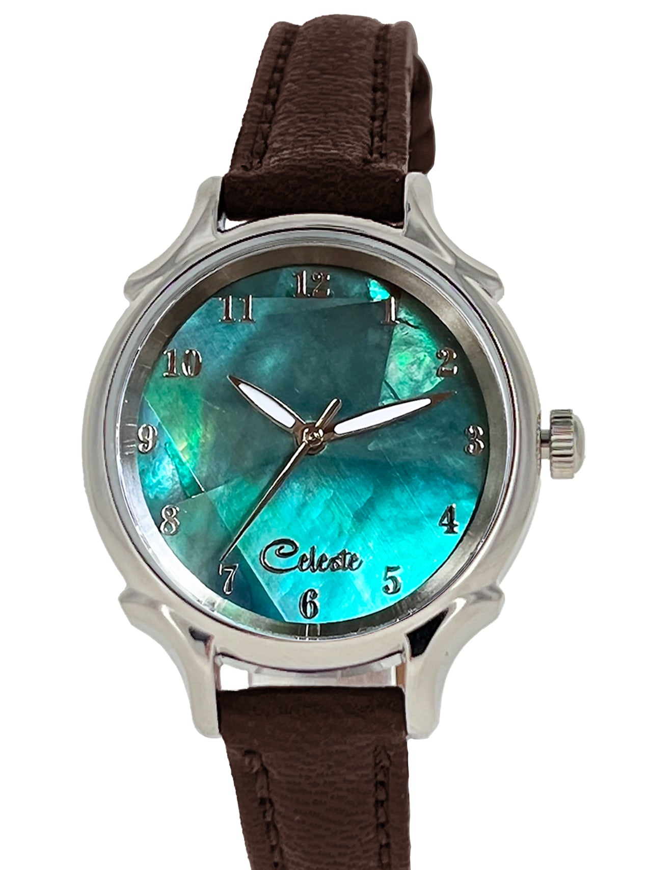 Emerald Eyes 30mm abalone dial women's watch with a brown vegetable -tanned leather band.