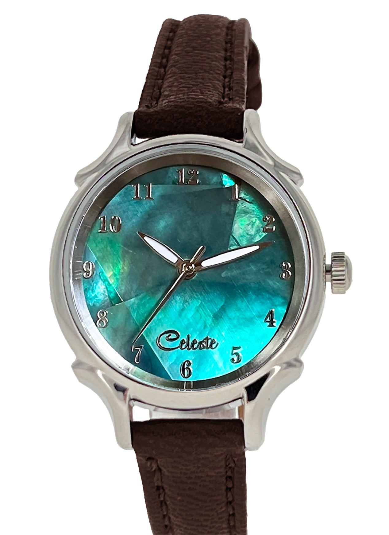 Emerald Eyes 30mm abalone dial women's watch with a brown vegetable -tanned leather band.