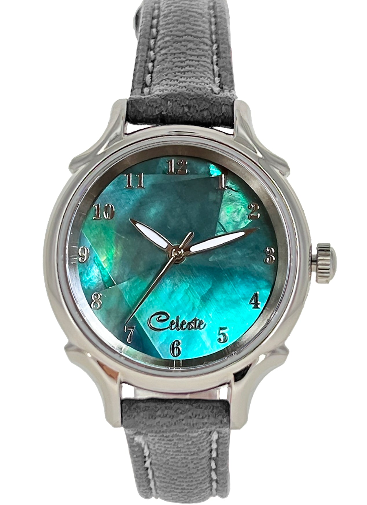 Emerald Eyes 30mm abalone dial women's watch with a grey vegetable -tanned leather band.