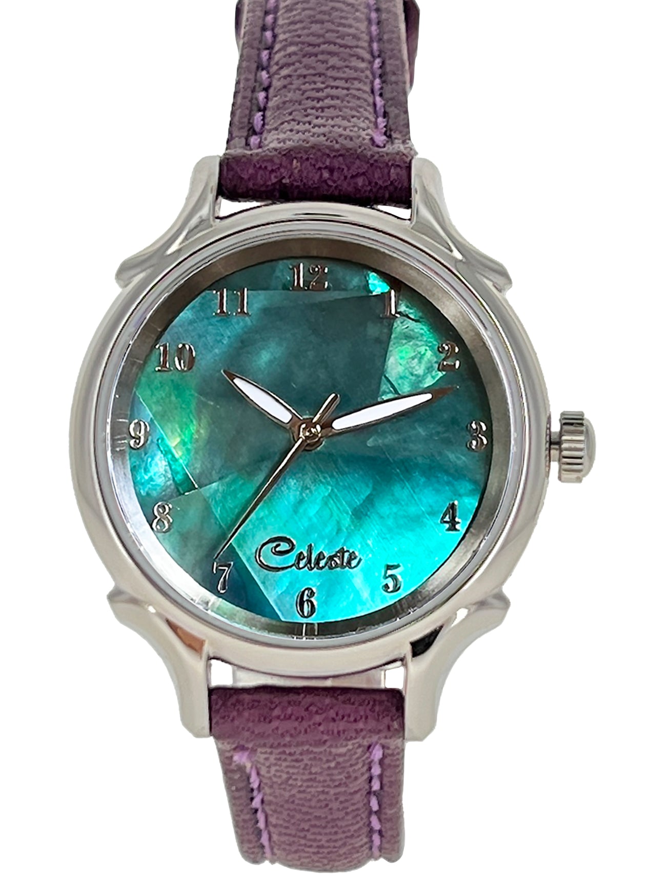 Emerald Eyes 30mm abalone dial women's watch with a purple vegetable -tanned leather band.
