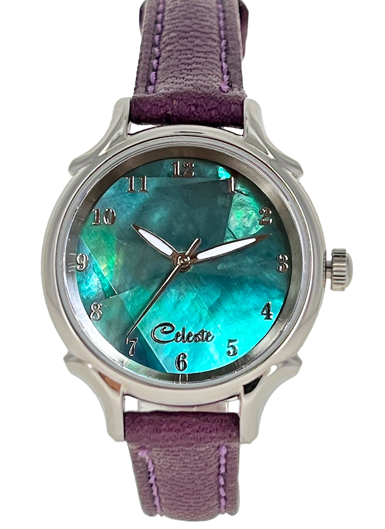 Emerald Eyes 30mm abalone dial women's watch with a purple vegetable -tanned leather band.