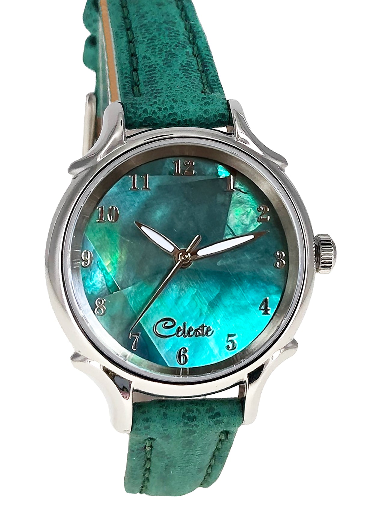 Emerald Eyes 30mm abalone dial women's watch with a turquoise vegetable -tanned leather band.