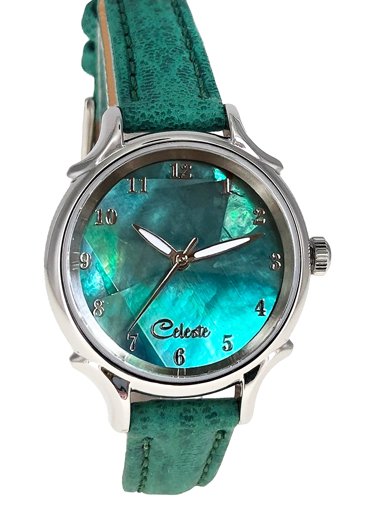 Emerald Eyes 30mm abalone dial women's watch with a turquoise vegetable -tanned leather band.