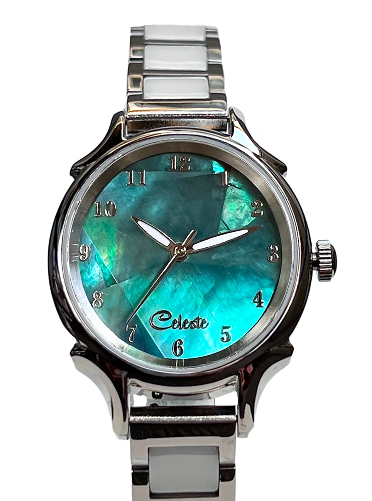 Emerald Eyes 30mm abalone dial women's watch with a stainless steel with white ceramic links bracelet.